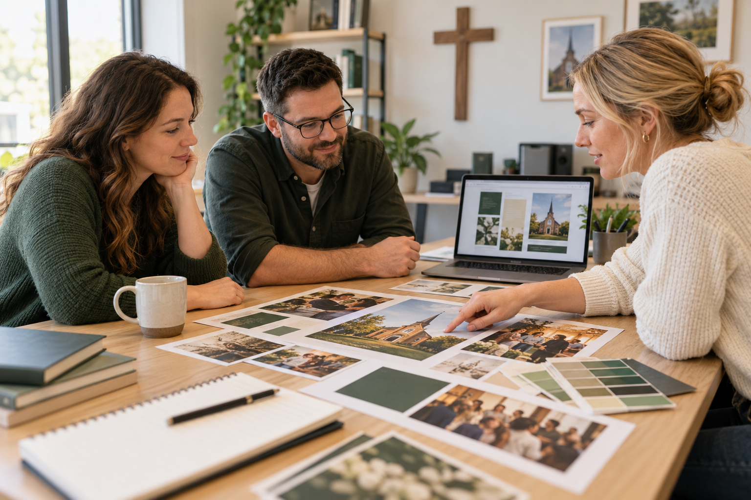 Illustrative scene of a church communications team reviewing ad designs together