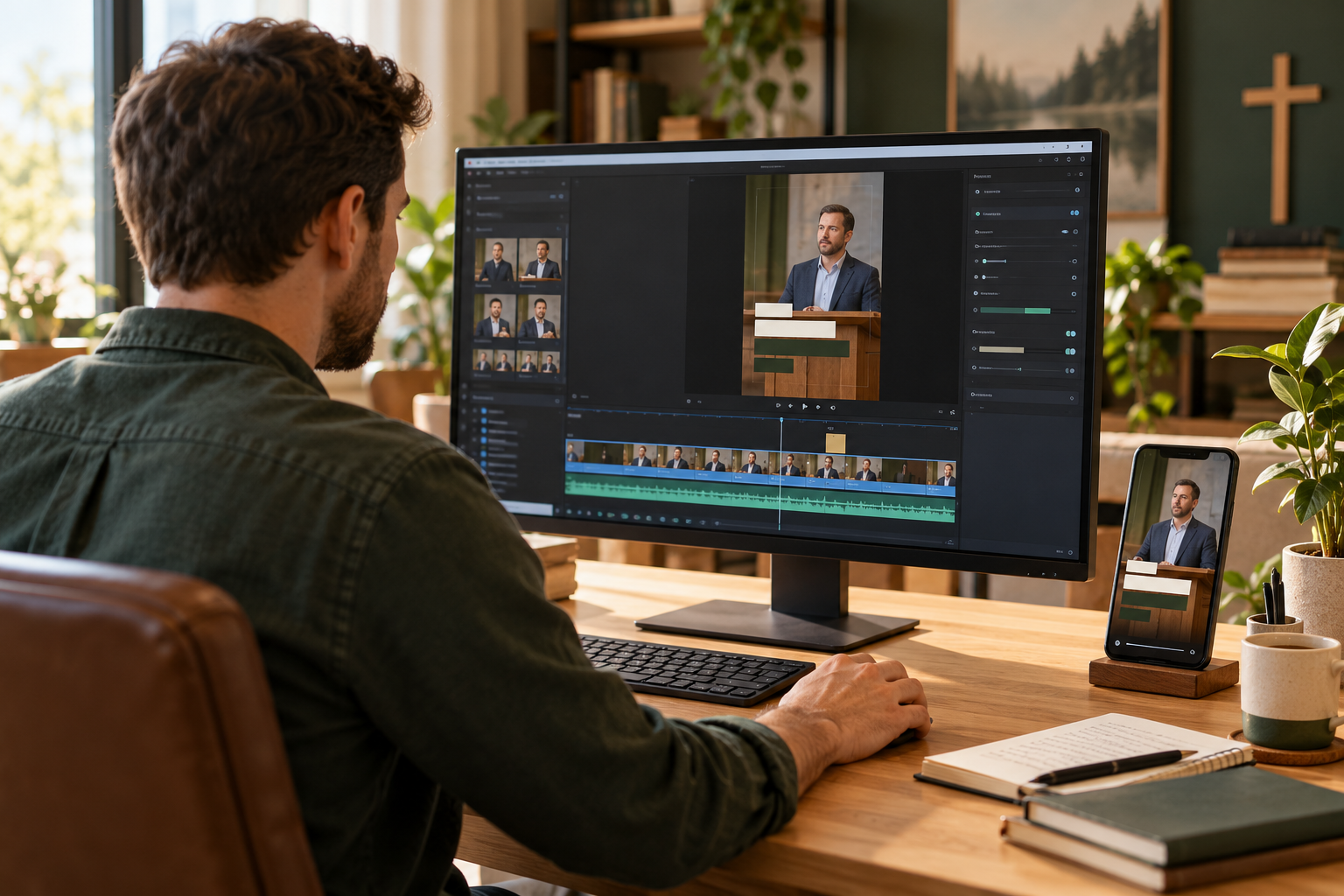 Illustrative scene of an editor turning an existing sermon recording into a vertical social media short