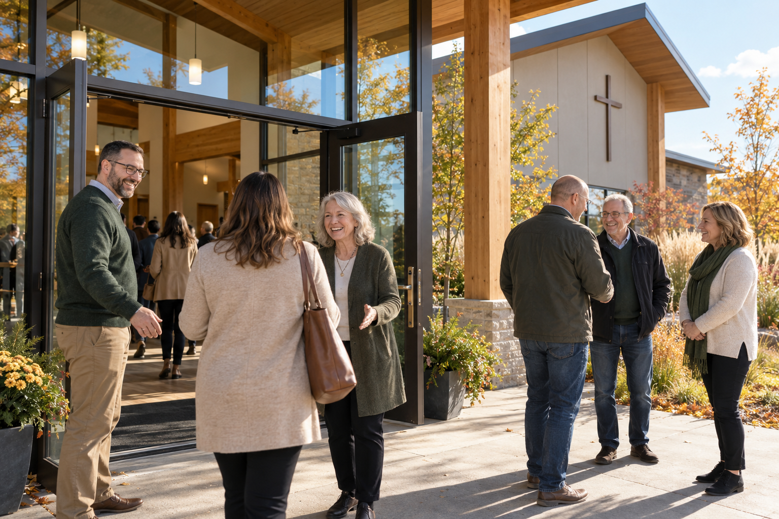 Illustrative scene of volunteers welcoming visitors outside a contemporary church
