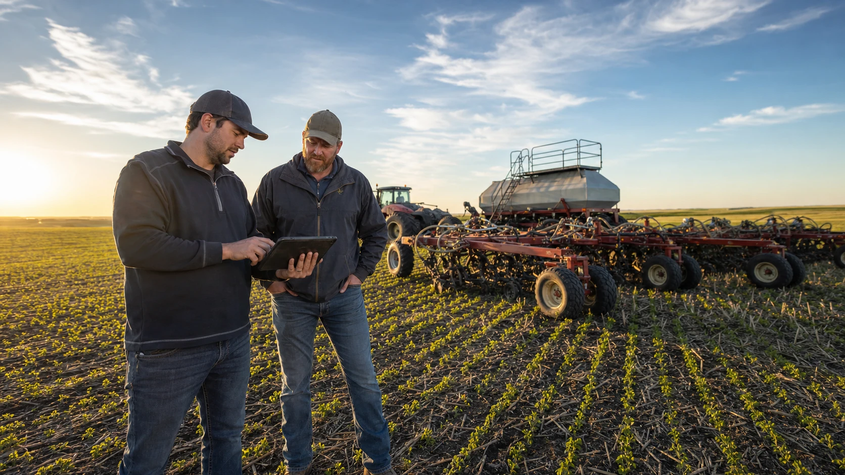 A Saskatchewan farmer and agronomist reviewing field information beside modern equipment