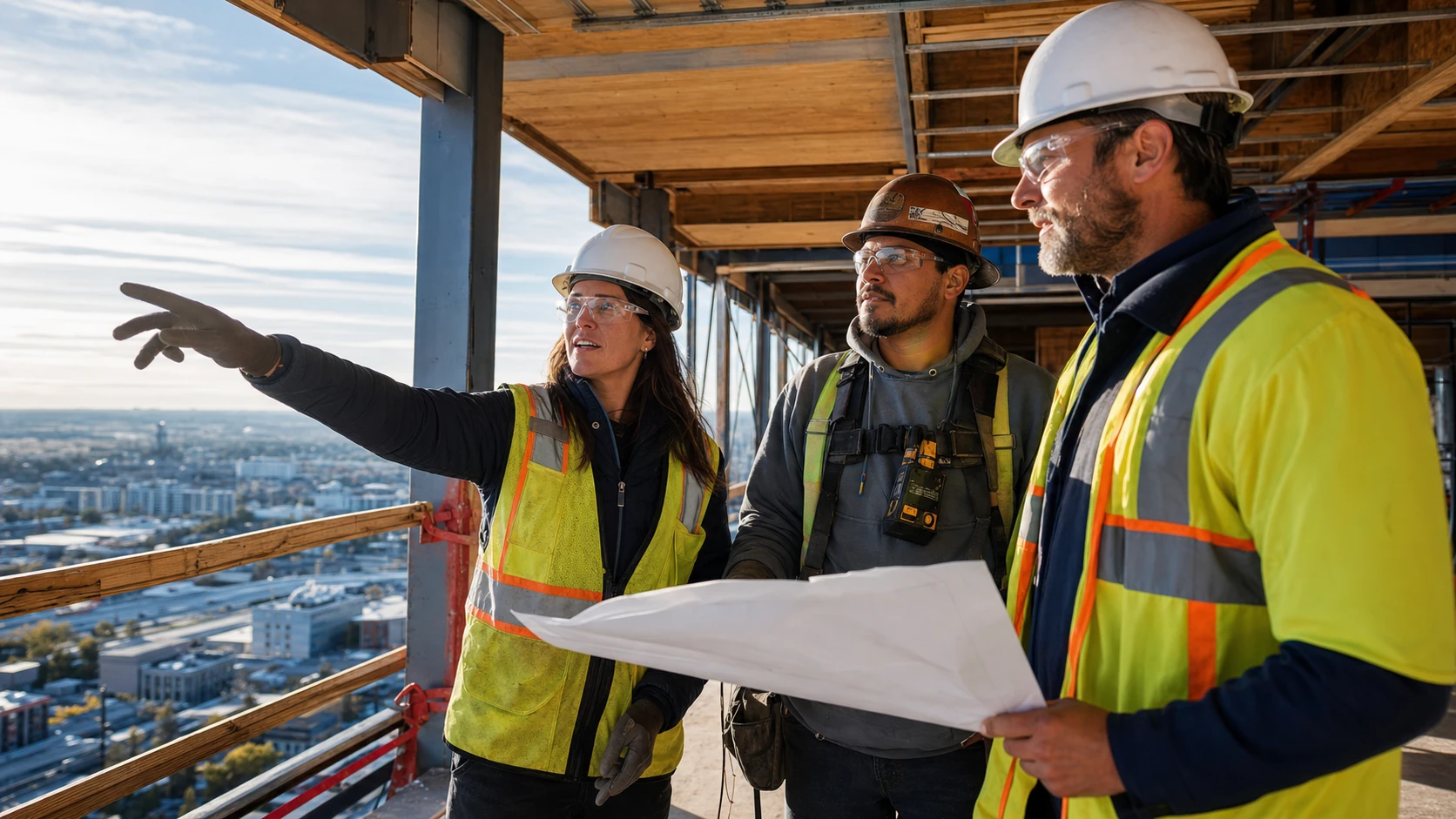 A construction leadership team reviewing project plans on an active commercial build