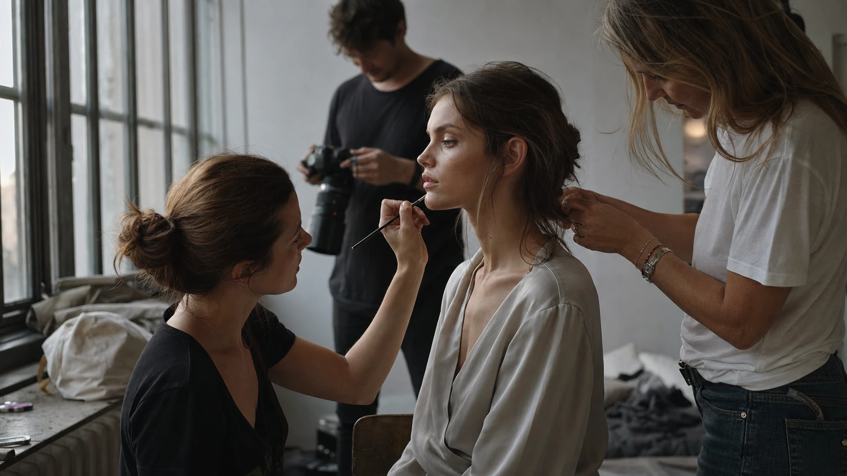A model, makeup artist, stylist, and photographer preparing a premium editorial campaign