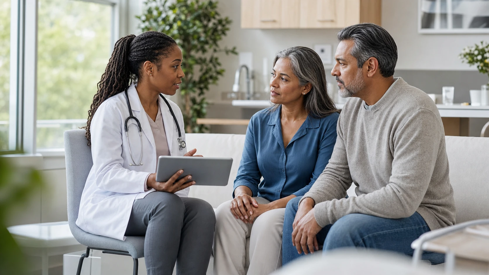 A clinician clearly explaining a care plan to a patient and family member