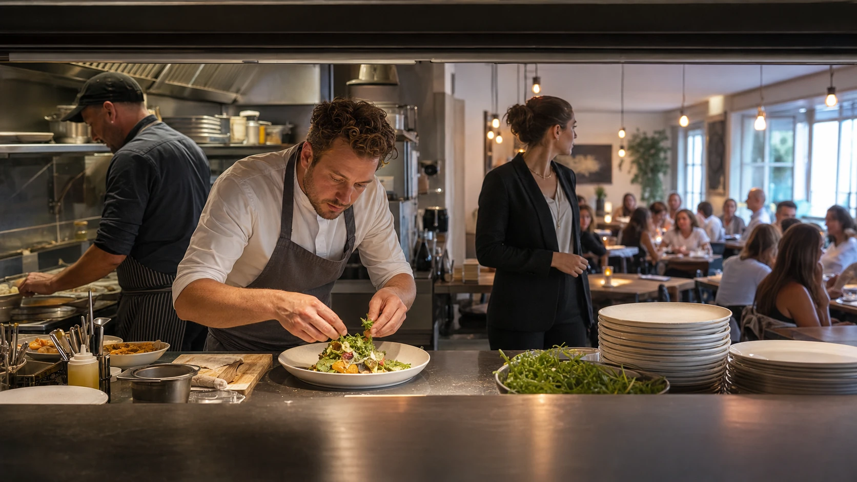 A chef-owner and front-of-house manager preparing an independent restaurant for service