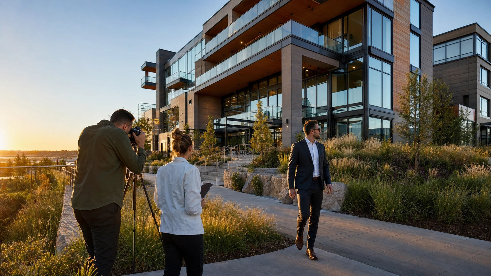 A real-estate agent and creative crew filming a contemporary mixed-use property