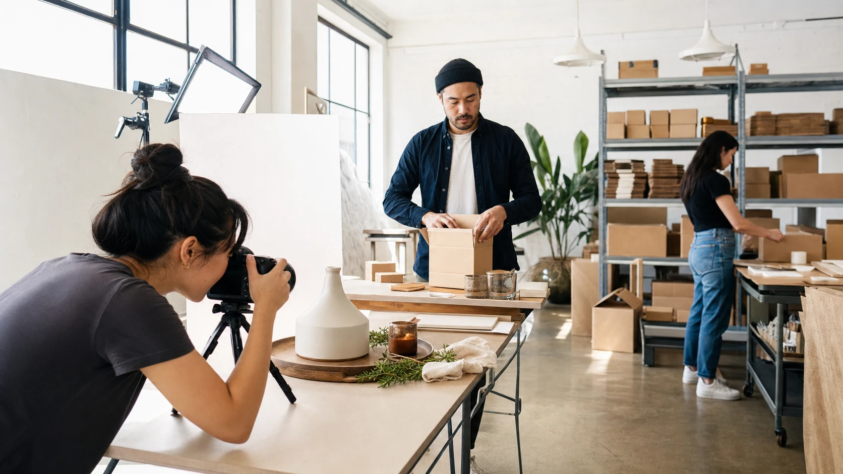 Independent brand founders photographing products and preparing ecommerce orders