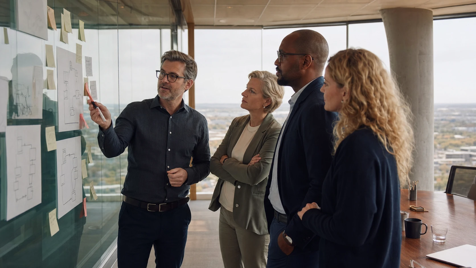 An AI strategist mapping a business workflow with an experienced leadership team