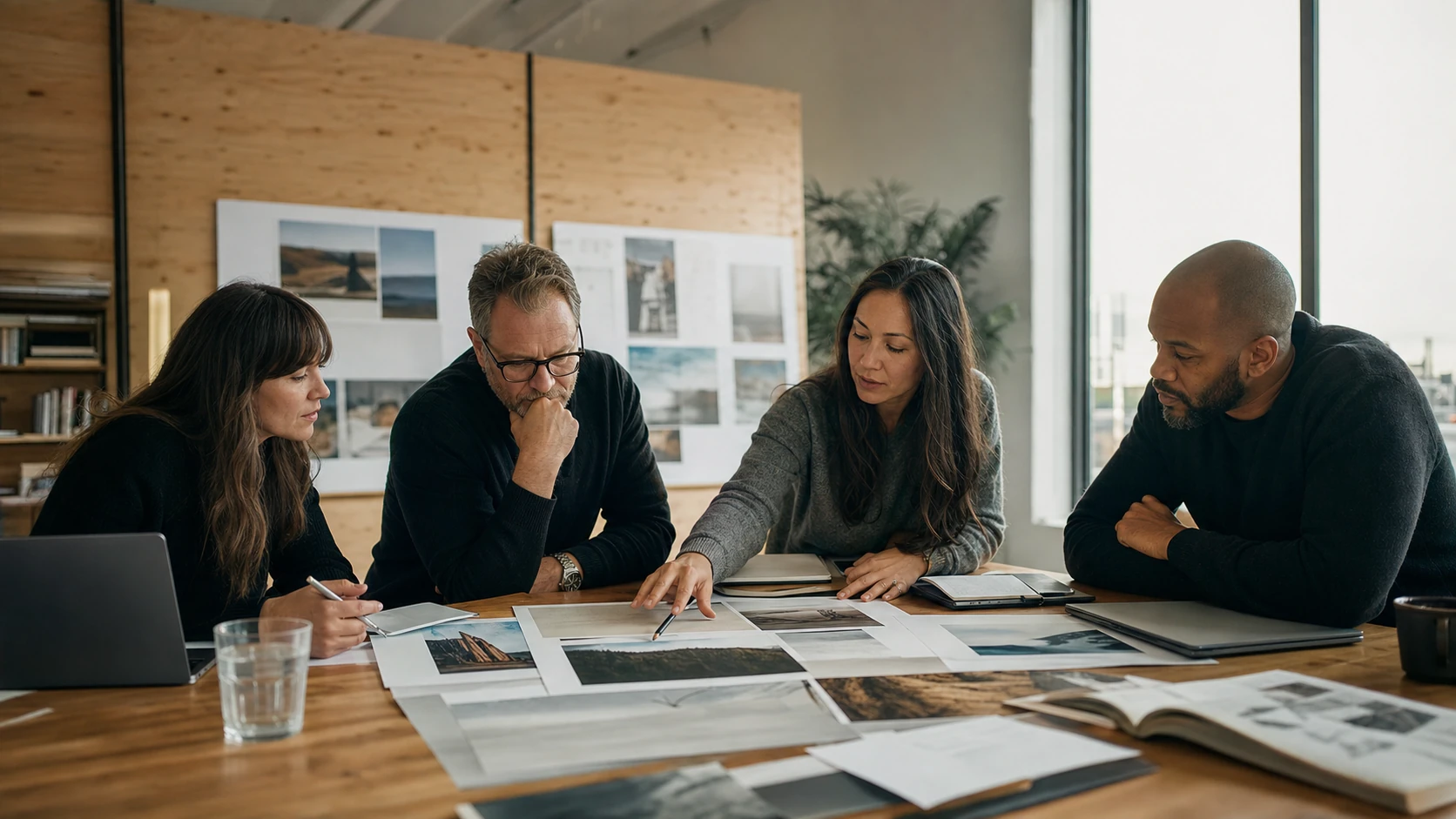 A senior marketing team developing an integrated campaign strategy in a creative studio
