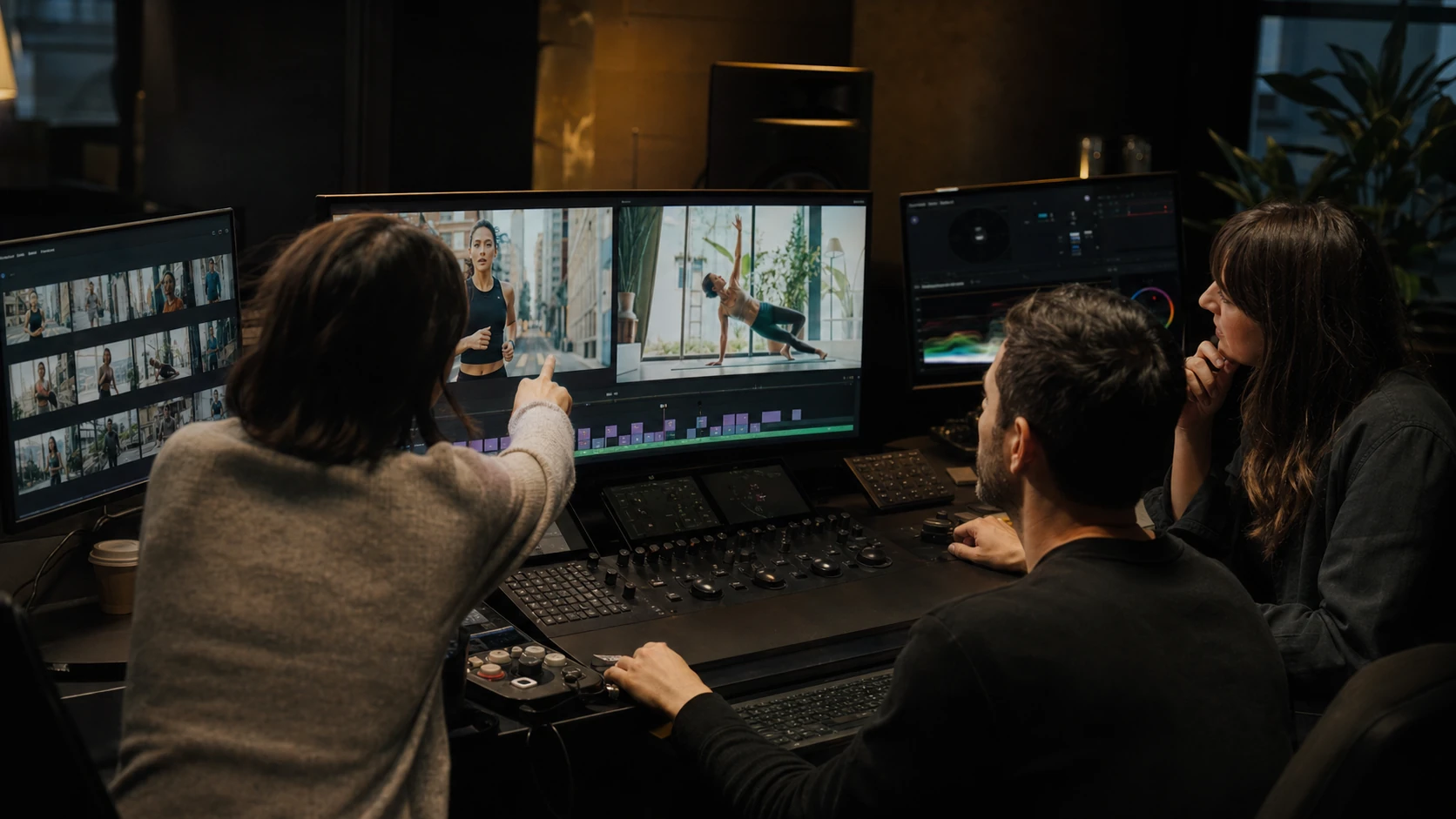 A creative performance team comparing advertising cuts in a professional edit suite