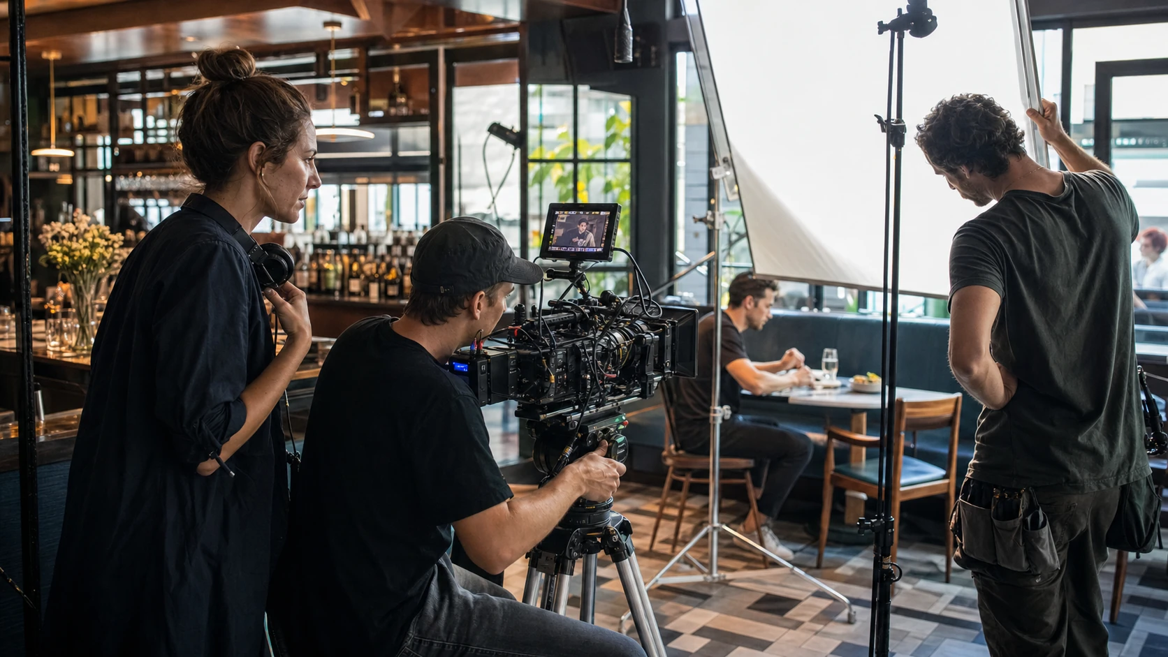A director and commercial film crew working on location inside a restaurant