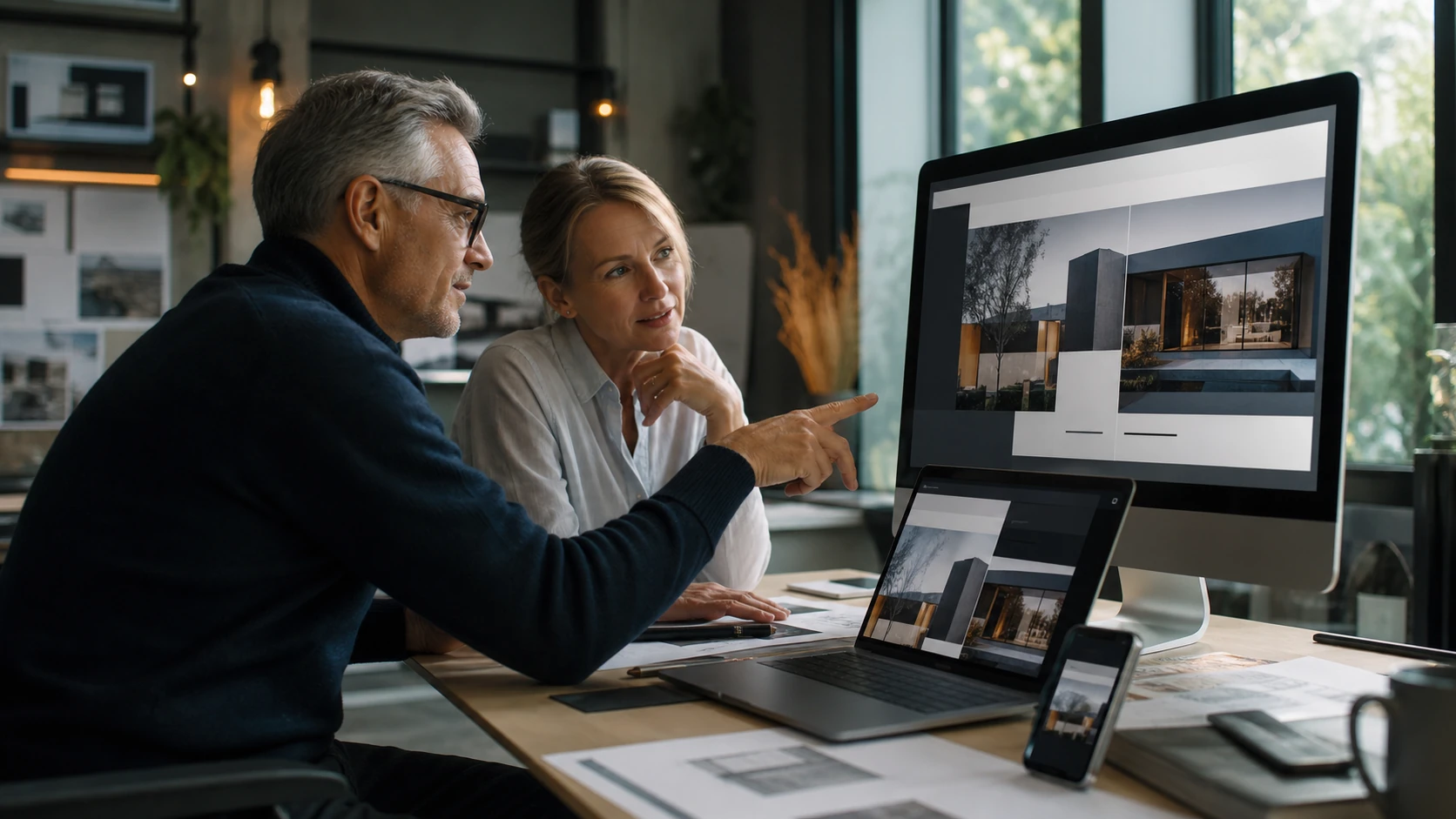 A designer and developer reviewing a responsive website across desktop and mobile screens