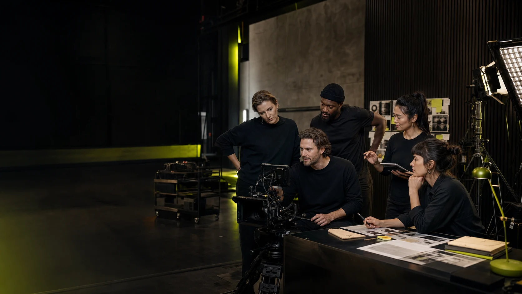 A multidisciplinary production team reviewing a commercial on set